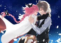 Rule 34 | 2boys, ahoge, armor, astolfo (fate), black pants, black ribbon, black skirt, braid, brown hair, cape, cloak, closed eyes, command spell, couple, crying, face-to-face, fang, fate/apocrypha, fate (series), from side, fur trim, gauntlets, hair ornament, hair ribbon, hug, kan&#039;yu (citron 82), long braid, long hair, long sleeves, looking at another, male focus, multicolored hair, multiple boys, night, night sky, pants, petals, pink hair, purple hair, red eyes, ribbon, shirt, short hair, sieg (fate), single braid, skirt, sky, star (sky), star (symbol), starry sky, trap, turtleneck, two-tone hair, very long hair, waistcoat, white cape, white cloak, white shirt