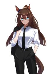 Rule 34 | 1girl, absurdres, alternate costume, animal ears, belt, black belt, black necktie, black pants, blue eyes, brown hair, collared shirt, commentary request, domino mask, ear ornament, el condor pasa (umamusume), hair between eyes, hand in pocket, highres, holding, holding clothes, holding jacket, horse ears, horse girl, horse tail, jacket, long hair, long sleeves, mask, necktie, pants, ponytail, senchan 7, shirt, silk, simple background, sleeves rolled up, solo, spider web, tail, umamusume, very long hair, white background, white shirt