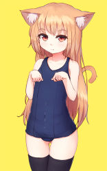 Rule 34 | 1girl, animal ear fluff, animal ears, bare arms, bare shoulders, black thighhighs, blonde hair, blush, cat ears, cat tail, closed mouth, collarbone, covered navel, cowboy shot, expressionless, eyebrows, fang, fang out, flat chest, gluteal fold, highres, long hair, looking at viewer, one-piece swimsuit, original, paw pose, red eyes, school swimsuit, shone, simple background, skin tight, solo, standing, swimsuit, tail, thigh gap, thighhighs, thighs, yellow background