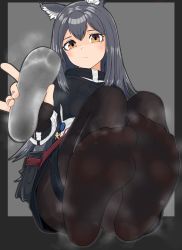 Rule 34 | 1girl, 3cc1a, animal ears, arknights, black border, black gloves, black hair, black pantyhose, border, closed mouth, dirty, feet, fingerless gloves, fingernails, foot focus, foreshortening, full body, gloves, grey background, highres, holding, jacket, long hair, long sleeves, looking at viewer, nail polish, pantyhose, pink nails, shoe insert, simple background, soles, solo, steam, texas (arknights), toes, white jacket, wolf ears, wolf girl, yellow eyes