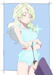 Rule 34 | 2girls, blonde hair, blue background, closed eyes, commentary request, cowboy shot, diana cavendish, highres, kagari atsuko, little witch academia, multiple girls, one-piece swimsuit, simple background, sparkle, spell, standing, swimsuit, tama (tama-s)