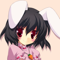 Rule 34 | 1girl, animal ears, blush, carrot necklace, female focus, gotou nao, inaba tewi, jewelry, necklace, rabbit ears, rabbit girl, red eyes, simple background, smile, solo, touhou, wavy hair