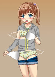 Rule 34 | 1girl, blue eyes, blush, bra, brown hair, denim, denim shorts, english text, flower, fourth wall, hair flower, hair ornament, hood, hoodie, lace, lace-trimmed bra, lace-trimmed panties, lace trim, long sleeves, one side up, open mouth, original, page tear, panties, print bra, print panties, revealing layer, short hair, shorts, smile, solo, standing, underwear, white bra, white panties, yummy (donyat1983)