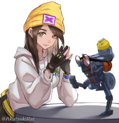 Rule 34 | 1girl, absurdres, animification, beanie, belt, black gloves, blurry, blurry foreground, breasts, brown hair, glasses, gloves, hair behind ear, hat, highres, hood, hood down, hoodie, killjoy (valorant), long hair, looking at viewer, medium breasts, non-humanoid robot, partially fingerless gloves, rei1028, robot, round eyewear, smile, solo, steepled fingers, twitter username, valorant, white background, white hoodie, yellow belt, yellow hat