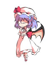 Rule 34 | 1girl, bat wings, bow, chibi, closed eyes, closed mouth, collar, collared dress, dairi, dress, full body, hair between eyes, hands up, hat, hat ribbon, mob cap, no shoes, puffy short sleeves, puffy sleeves, purple hair, red bow, red ribbon, remilia scarlet, ribbon, short hair, short sleeves, simple background, socks, solo, standing, tachi-e, touhou, transparent background, white background, white dress, white hat, white sleeves, white socks, wings, wrist cuffs