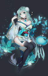 Rule 34 | 1girl, absurdres, aoandon, bare shoulders, black thighhighs, blue eyes, blue hair, blunt bangs, breasts, bug, butterfly, choker, cleavage, collarbone, flower, grey background, hair flower, hair ornament, highres, insect, japanese clothes, kimono, lantern, light particles, long hair, magatama, obi, off shoulder, onmyoji, sash, short kimono, simple background, sitting, solo, tassel, thighhighs, thighs, very long hair, wide sleeves, xi chu yang guan