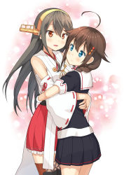 Rule 34 | 10s, 2girls, :d, absurdres, ahoge, bare shoulders, black serafuku, blue eyes, boots, braid, brown hair, commentary, detached sleeves, grey hair, hair flaps, hair ornament, hair over shoulder, haruna (kancolle), headgear, highres, hug, japanese clothes, kantai collection, long hair, miyabeeya, multiple girls, nontraditional miko, open mouth, orange eyes, pleated skirt, remodel (kantai collection), school uniform, serafuku, shigure (kancolle), single braid, skirt, smile, thigh boots, thighhighs