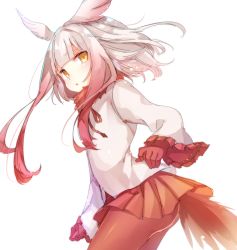 Rule 34 | 10s, 1girl, :o, arare mochiko, bird tail, blunt bangs, fur trim, gradient hair, half-closed eyes, head wings, japanese crested ibis (kemono friends), jitome, kemono friends, long sleeves, looking at viewer, multicolored hair, open mouth, pantyhose, pleated skirt, red hair, red pantyhose, red skirt, short hair with long locks, skirt, solo, tail, two-tone hair, white hair, wide sleeves, wings, yellow eyes