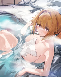 Rule 34 | 1girl, aningay, bathing, breasts, brown hair, commentary request, covering privates, girls&#039; frontline, grizzly mkv (girls&#039; frontline), hair intakes, highres, korean commentary, large breasts, looking at viewer, medium hair, nude, nude cover, onsen, partially submerged, purple eyes, rock, sitting, solo, steam, towel, water