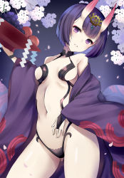 Rule 34 | 1girl, bad id, bad pixiv id, bare shoulders, bikini, breasts, bridal gauntlets, collarbone, commentary request, cup, fate/grand order, fate (series), flower, food, fruit, gluteal fold, grapes, head tilt, headphones, highres, horns, japanese clothes, kimono, looking at viewer, medium breasts, navel, off shoulder, oni, open bikini, open clothes, petals, purple background, purple eyes, purple hair, purple kimono, revealing clothes, sakazuki, shide, short eyebrows, short hair, shuten douji (fate), skin-covered horns, solo, swimsuit, thick eyebrows, white flower, yuzu-aki