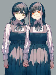 Rule 34 | 2girls, absurdres, belt, belt buckle, black belt, black dress, black hair, black ribbon, blood, blood on hands, buckle, chainsaw man, commentary, cross scar, deep (deep4946), dress, fourth east high school uniform, green eyes, grey background, highres, holding hands, long sleeves, low twintails, mitaka asa, multiple girls, neck ribbon, orange eyes, pinafore dress, ribbon, ringed eyes, scar, scar on face, school uniform, shirt, simple background, sleeveless, sleeveless dress, smile, twintails, uniform, white shirt, yoru (chainsaw man)