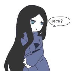 Rule 34 | 1girl, arm grab, black hair, blue eyes, expressionless, funetsuki, long hair, looking at viewer, lowres, moka (1339), simple background, sleeves past wrists, solo, tec (game), turtleneck, upper body, very long hair