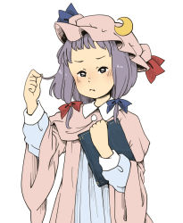 Rule 34 | 1girl, :t, alternate hair length, alternate hairstyle, blue ribbon, blush, book, capelet, chii-kun (seedyoulater), crescent, female focus, hair ribbon, hat, holding, holding book, holding own hair, long sleeves, mob cap, patchouli knowledge, pout, purple eyes, purple hair, red ribbon, ribbon, short hair, simple background, solo, touhou, tress ribbon, upper body, white background