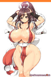 Rule 34 | 1girl, armpits, arms up, bouncing breasts, breasts, brown hair, center opening, cleavage, curvy, fatal fury, groin, high ponytail, highres, huge breasts, light smile, long hair, looking at viewer, no bra, no panties, pelvic curtain, rebis, revealing clothes, shiranui mai, sideboob, simple background, snk, solo, strap gap, sweat, the king of fighters, thick thighs, thighs, watermark, web address, white background, wide hips