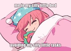 Rule 34 | 1girl, ^ ^, anya (spy x family), blanket, chaopiico, child, closed eyes, closed mouth, director chimera (spy x family), english text, hat, highres, hugging doll, hugging object, impact (font), lying, meme, nightcap, on side, pillow, pink background, pink hair, pink theme, procrastination, short hair, simple background, sleeping, smile, solo, spy x family, twitter username, under covers