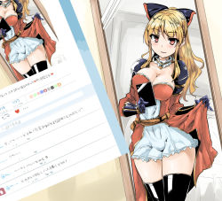 Rule 34 | 10s, 1girl, blonde hair, blush, bow, breasts, cellphone, cleavage, female focus, gloves, granblue fantasy, hair bow, large breasts, long hair, momio, phone, ponytail, red eyes, selfie, smartphone, smile, solo, thighhighs, twitter, vira (granblue fantasy)