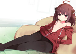 Rule 34 | 1girl, ahoge, bare shoulders, bean bag chair, black pantyhose, blush, breasts, brown hair, carpet, crossed legs, frown, hair ornament, hands in pockets, jacket, looking at viewer, lying, no shirt, on back, pantyhose, petenshi (dr. vermilion), red eyes, small breasts, solo, thighband pantyhose, touhoku kiritan, voiceroid
