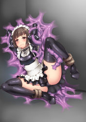 Rule 34 | 1boy, apron, arms behind head, black thighhighs, blush, boots, brown eyes, brown hair, bulge, copyright request, frown, hiememiko, high heel boots, high heels, highres, latex, maid, maid apron, maid headdress, male focus, monster, panties, puffy sleeves, restrained, solo, spread legs, thigh boots, thighhighs, trap, underwear