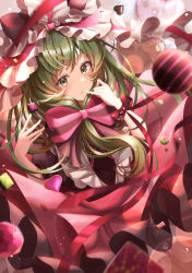 Rule 34 | 1girl, absurdres, blurry, blurry background, bow, bowtie, candy, chocolate, chocolate heart, commentary request, eyebrows hidden by hair, food, front ponytail, green eyes, green hair, heart, highres, kagiyama hina, long hair, looking at viewer, pink bow, pink bowtie, pink skirt, red ribbon, ribbon, skirt, solo, tagme, totomiya, touhou, wrist ribbon