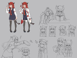 Rule 34 | !, 3girls, absurdres, allenfan, bat wings, black legwear, black vest, blood, blood on clothes, blush, book, crescent, crescent hat ornament, cupcake, food, full body, glasses, hat ornament, headpat, highres, koakuma, lab coat, long hair, long sleeves, looking at viewer, looking down, miniskirt, multiple girls, patchouli knowledge, red eyes, red hair, red neckwear, remilia scarlet, round eyewear, shirt, shoes, skirt, smile, tail, thighhighs, touhou, vanripper (style), vest, white shirt, wings