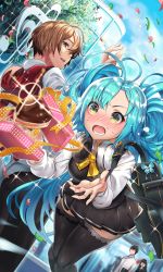 Rule 34 | black legwear, blue hair, blush, bow, bowtie, box, bug, butterfly, destiny child, dropping, food, guitar case, headphones, heart, insect, instrument case, charm (object), long hair, pastry, petals, pleated skirt, ribbon, skirt, thighhighs, twintails, virupa (destiny child), yellow eyes