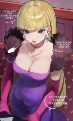 Rule 34 | 1boy, 1girl, absurdres, aged up, blonde hair, blue eyes, blunt bangs, breasts, choker, cleavage, collarbone, covered navel, dipper pines, dress, earrings, elbow gloves, eyelashes, gloves, gravity falls, highres, jewelry, large breasts, long hair, nia (nia4294), open mouth, pacifica northwest, purple dress, sigh