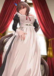 Rule 34 | 1girl, absurdres, admire vega (umamusume), animal ears, apron, black dress, breast suppress, breasts, brown hair, curtains, day, dress, ear covers, facing to the side, feet out of frame, frilled apron, frilled dress, frills, from below, gibun (sozoshu), hand up, highres, horse ears, horse girl, horse tail, indoors, juliet sleeves, large breasts, long hair, long sleeves, looking at viewer, looking down, maid, maid apron, neck ribbon, parted lips, puffy sleeves, red eyes, red ribbon, ribbon, shaded face, sleeve cuffs, solo, tail, tassel, umamusume, very long hair, white apron, window