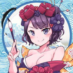 Rule 34 | 1girl, bare shoulders, blush, breasts, calligraphy brush, cleavage, closed mouth, fate/grand order, fate (series), flower, hair flower, hair ornament, highres, japanese clothes, katsushika hokusai (fate), looking at viewer, medium breasts, paintbrush, profnote, purple eyes, purple hair, short hair, smile, solo, upper body
