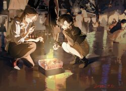 Rule 34 | 3girls, :d, ^ ^, absurdres, black hair, brown hair, candle, chinese commentary, closed eyes, highres, kneeling, long hair, multiple girls, nemuiz, open mouth, original, ponytail, short hair, smile, squatting