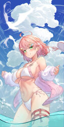 Rule 34 | 1girl, absurdres, bandaid, bandaid hair ornament, bare shoulders, bikini, blue sky, breasts, cat hair ornament, cherry blossom print, cloud, cloudy sky, collarbone, commentary, covered erect nipples, fingernails, floral print, green eyes, hair ornament, highres, hololive, jacket, large breasts, long sleeves, looking at viewer, medium hair, multicolored clothes, multicolored jacket, nail polish, navel, ocean, open clothes, open jacket, outdoors, pink hair, pink jacket, pink nails, pink trim, raag jp, sakura miko, side-tie bikini bottom, sky, sleeves past wrists, smile, solo, stomach, swimsuit, teeth, thigh strap, thighs, two-tone jacket, underboob, virtual youtuber, wading, water, white bikini, white jacket