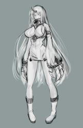 Rule 34 | 10s, 1girl, abyssal ship, bad id, bad pixiv id, boots, breasts, claws, detached sleeves, dress, full body, gauntlets, grey background, greyscale, high collar, horns, kantai collection, large breasts, legs, long hair, miso dengaku (donadonaton), monochrome, pale skin, pigeon-toed, ribbed dress, seaport princess, short dress, simple background, single horn, solo, standing, sweater, sweater dress, very long hair, white hair
