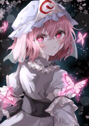 Rule 34 | 1girl, absurdres, black background, blue headwear, bug, butterfly, butterfly-shaped pupils, commentary request, hat, highres, insect, kayon (touzoku), long sleeves, looking at viewer, looking back, mob cap, parted lips, pink eyes, pink hair, saigyouji yuyuko, short hair, symbol-shaped pupils, touhou, triangular headpiece, upper body