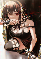 Rule 34 | 1girl, black dress, black hair, black thighhighs, blood, blood on face, boots, breasts, choker, cleavage, closed mouth, dress, hair ornament, highres, holding, holding weapon, large breasts, looking at viewer, red eyes, sidelocks, solo, spy x family, thigh boots, thighhighs, weapon, yo-ba yo, yor briar