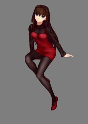 Rule 34 | 1girl, absurdres, aozaki aoko, arm support, black pantyhose, black sweater, blue eyes, brown hair, cqqz0707, dress, grey background, highres, invisible chair, long hair, looking at viewer, mahou tsukai no yoru, pantyhose, red dress, red footwear, sitting, smile, solo, sweater