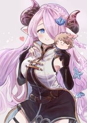 Rule 34 | 1girl, asymmetrical gloves, belt, black gloves, black vest, blue eyes, blush, braid, breasts, brown belt, butterfly hair ornament, character doll, closed mouth, coat, commentary request, doll, draph, elbow gloves, fingerless gloves, gloves, granblue fantasy, hair ornament, hair over one eye, hands up, heart, highres, holding, holding doll, horns, kataageteto, large breasts, light purple hair, long bangs, long hair, low-tied long hair, narmaya (granblue fantasy), pointy ears, simple background, single braid, skindentation, sleeveless, sleeveless coat, smile, solo, thigh strap, uneven gloves, vest, white coat