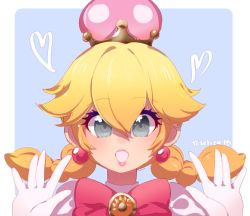 Rule 34 | 1girl, artist name, blonde hair, blue background, border, bow, braid, brooch, crown, earrings, eyelashes, gloves, grey eyes, hands up, heart, jewelry, lips, looking at viewer, mario (series), new super mario bros. u deluxe, nintendo, no nose, open hands, open mouth, peachette, pink bow, pink lips, puffy sleeves, shirt, simple background, solo, super crown, tetetier, toadette, twin braids, twintails, upper body, white border, white gloves, white shirt