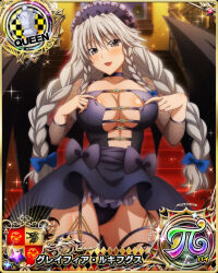 Rule 34 | 1girl, blue bow, bow, braid, breasts, card (medium), chess piece, cleavage, female focus, fishnets, garter straps, grayfia lucifuge, grey eyes, grey hair, hair bow, high school dxd, large breasts, long hair, looking at viewer, matching hair/eyes, mature female, official art, parted lips, queen (chess), red lips, smile, solo, twin braids