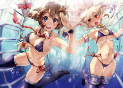 Rule 34 | 10s, 2girls, adapted costume, ahoge, air bubble, armadillo-tokage, bikini, black bikini, black gloves, black legwear, blue eyes, blush, breasts, brown hair, bubble, cleavage, detached collar, fingerless gloves, gloves, hair flaps, hair ornament, hairclip, kantai collection, large breasts, multiple girls, navel, open mouth, outstretched arms, platinum blonde hair, red eyes, remodel (kantai collection), scarf, shigure (kancolle), side-tie bikini bottom, smile, string bikini, submerged, sunlight, swimsuit, thigh gap, thighhighs, underwater, white scarf, yuudachi (kancolle)