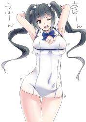 Rule 34 | 10s, 1girl, ;d, arms behind head, arms up, black hair, blue bow, blue eyes, blue ribbon, bow, breasts, cleavage, cleavage cutout, clothing cutout, covered navel, cowboy shot, dress, dungeon ni deai wo motomeru no wa machigatteiru darou ka, female focus, hair ornament, hestia (danmachi), large breasts, long hair, one eye closed, open mouth, rei no himo, ribbon, short dress, simple background, skindentation, smile, solo, thigh gap, touki (tsuitta), twintails, white background, white dress