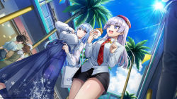 Rule 34 | 2girls, bag, beret, black shorts, blue hair, blue skirt, breasts, collared shirt, copyright notice, dolphin wave, extra, food, from below, game cg, grey hair, hat, highres, holding, holding food, large breasts, light blue hair, long hair, long skirt, multiple girls, nayuki hiori, necktie, official art, palm tree, purple eyes, red eyes, red headwear, red necktie, schnee weissberg, shirt, shopping bag, shorts, skirt, taiyaki, tree, wagashi, white shirt