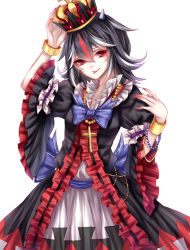 Rule 34 | 1girl, absurdres, alternate costume, bad id, bad pixiv id, bangle, black hair, bracelet, cape, cone horns, cross, crown, dress, embellished costume, grey horns, highres, horns, jewelry, kijin seija, king, multicolored hair, necklace, red eyes, red hair, sheya, short hair, skirt, solo, streaked hair, tongue, tongue out, touhou, white hair
