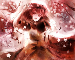 Rule 34 | 1girl, apron, bad id, bad pixiv id, bell, book, cherry blossoms, dress, hair bell, hair ornament, jan (lightdragoon), long sleeves, looking at viewer, motoori kosuzu, petals, red dress, red eyes, smile, solo, touhou, two side up, wide sleeves