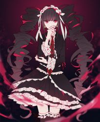 Rule 34 | 10s, 1girl, black hair, black thighhighs, celestia ludenberg, claw ring, danganronpa: trigger happy havoc, danganronpa (series), dress, drill hair, earrings, finger to mouth, frills, gothic lolita, io (sinking=carousel), jewelry, lolita fashion, necktie, red eyes, smile, thighhighs, twin drills