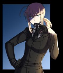 Rule 34 | 1girl, ahoge, artoria pendragon (all), artoria pendragon (fate), black gloves, blonde hair, breasts, fate/zero, fate (series), formal, glove pull, gloves, green eyes, hand on own hip, highres, low ponytail, medium hair, mouth hold, mouth pull, necktie, pride-kun, reverse trap, saber (fate), sidelocks, small breasts, solo, suit, teeth hold