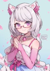 Rule 34 | 1girl, animal ears, bare shoulders, blue background, braid, bridal gauntlets, closed mouth, collarbone, commentary, dated, english commentary, flower, flower braid, flower necklace, glasses, gradient background, grey hair, jewelry, kobutanori, long hair, looking at viewer, low twintails, necklace, original, palms together, pearl necklace, petals, pink flower, pink nails, purple-framed eyewear, purple eyes, semi-rimless eyewear, signature, smile, solo, twin braids, twintails, under-rim eyewear, very long hair