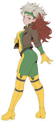 Rule 34 | 1girl, absurdres, animification, belt, bodysuit, boots, breasts, brown hair, cheshirrr, commission, from side, full body, gloves, green eyes, green headband, headband, highres, jacket, logo, long hair, long sleeves, looking at viewer, marvel, medium breasts, multicolored hair, open clothes, open jacket, parted lips, rogue (x-men), shiny clothes, sideboob, simple background, skin tight, smile, solo, standing, thigh boots, white background, white hair, x-men, yellow footwear, yellow gloves