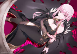 Rule 34 | 1girl, belt, black dress, black nails, breasts, capelet, cleavage, detached sleeves, dress, head tilt, highres, holding, hololive, hololive english, kaname aomame, large breasts, crossed legs, long hair, looking at viewer, mori calliope, nail polish, pink eyes, pink hair, scythe, sitting, smile, solo, tiara, virtual youtuber, yukisame