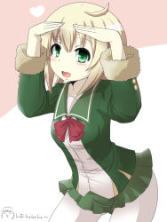 Rule 34 | 10s, 1girl, blonde hair, commentary request, cowboy shot, emoticon, closed eyes, fur trim, goma (gomasamune), green eyes, hands on own head, heart, highres, jacket, kantai collection, looking at viewer, open mouth, pantyhose, peaked, pleated skirt, school uniform, shimushu (kancolle), short hair, sidelocks, skirt, smile, solo, translated, white background