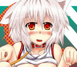 Rule 34 | 1girl, animal ears, bare shoulders, blush, breasts, collar, collarbone, fang, inubashiri momiji, kunoo (unnyuu), looking at viewer, lowres, open mouth, paw pose, red eyes, short hair, silver hair, solo, touhou, wolf ears
