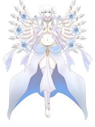 Rule 34 | 1girl, absurdres, armlet, blue eyes, breasts, buddhism, colored skin, extra arms, extra faces, female focus, flower, guanyin, highres, large breasts, lotus, multiple arms, multiple faces, multiple heads, pale skin, senju kannon, tagme, three heads, white hair, white skin, wide hips, yinmale